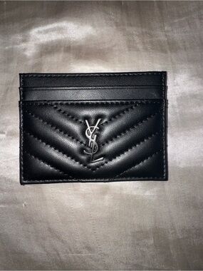 Saint Laurent Black Chevron Quilted Leather Card Holder with Silver YSL Logo